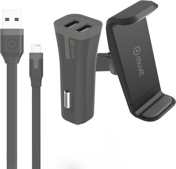 Actual product image Muvit Support Voiture Grip 360 80mm Cac USB Cable 2a Lightning 1m Noir