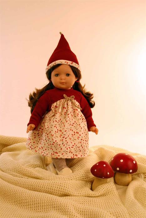 Produktbild Schildkröt Puppe Strampelchen 37 braune Haare, braune Malaugen, Kleidung weiss/rot/beige