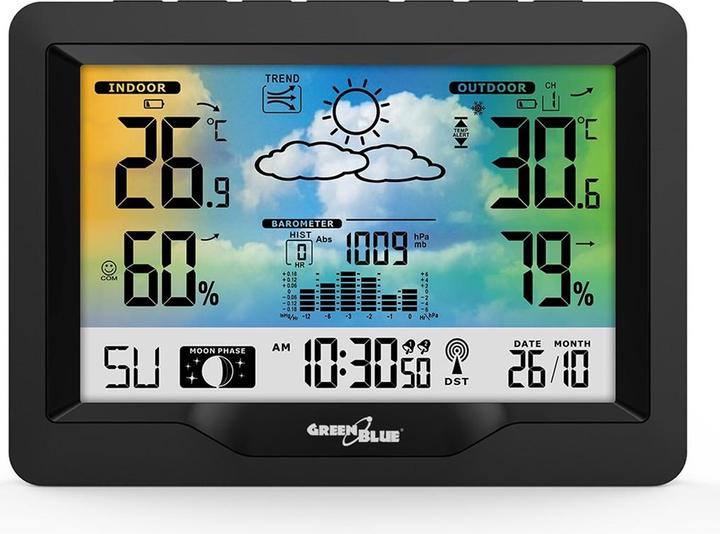 Produktbild Greenblue Funkwetterstation Farbe mit DCF Mondphasen Barometer Kalender Netzteil GB540N