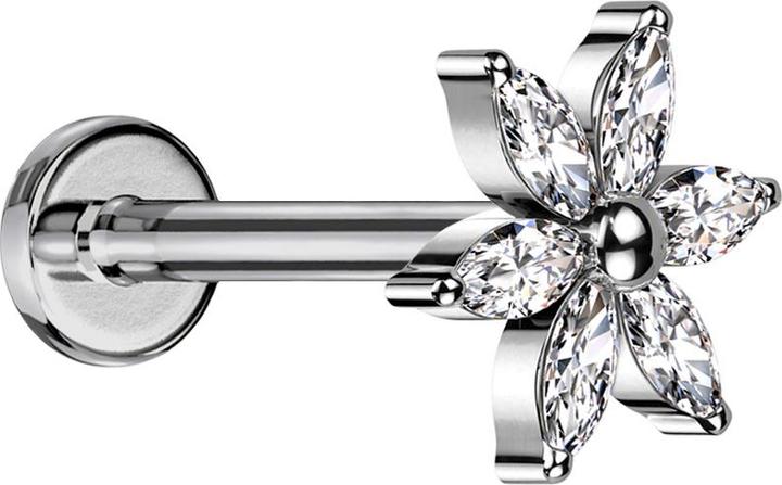 Star Piercing Micro Labret Innengewinde silber Blume silber Kristalle silber (ohne Messing, Titan G23)