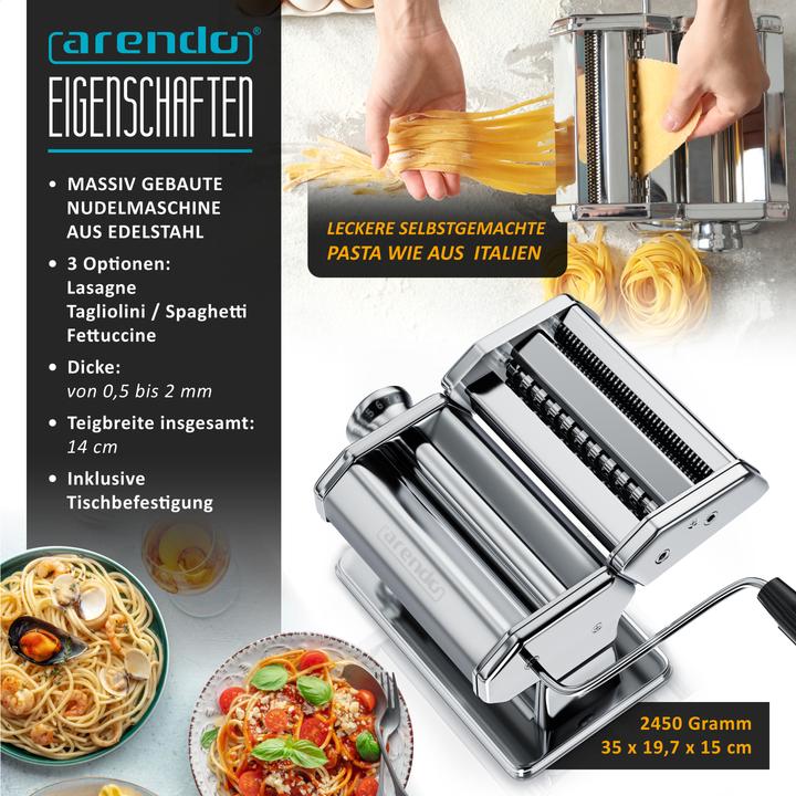 Image du produit Arendo Nudelmaschine, Manueller Pasta Maker, Edelstahl, Nudelpresse, 7 einstellbare Stärken, Duplexvorsatz