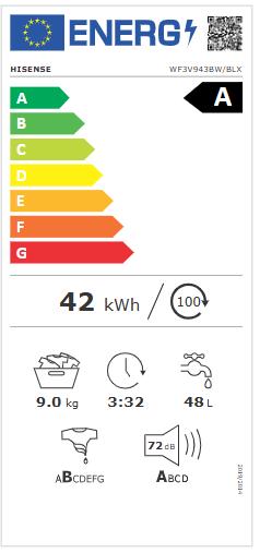 Etichetta energetica Hisense WF3V943BW/BLX (9 kg, A sinistra, Spina UE)