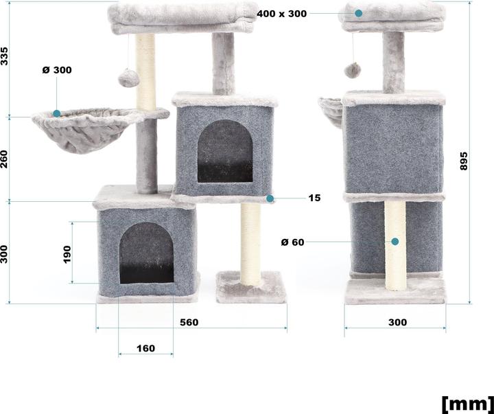 Actual product image Fudajo Cat Tree Grey with Sisal 89.5cm Scratching Post with 2 Caves Scratch Tree with 2 Cat Houses (89.50 cm, Grey)