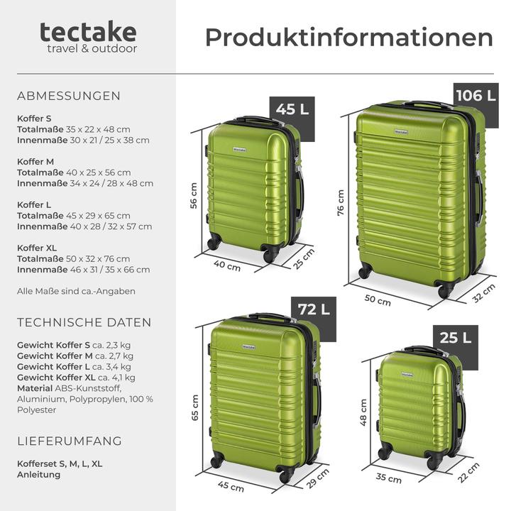 Immagine prodotto tectake Set di valigie rigide (106 l, Bagaglio a mano (fino a 50 litri), M (50 - 90l), L (90 - 115l))
