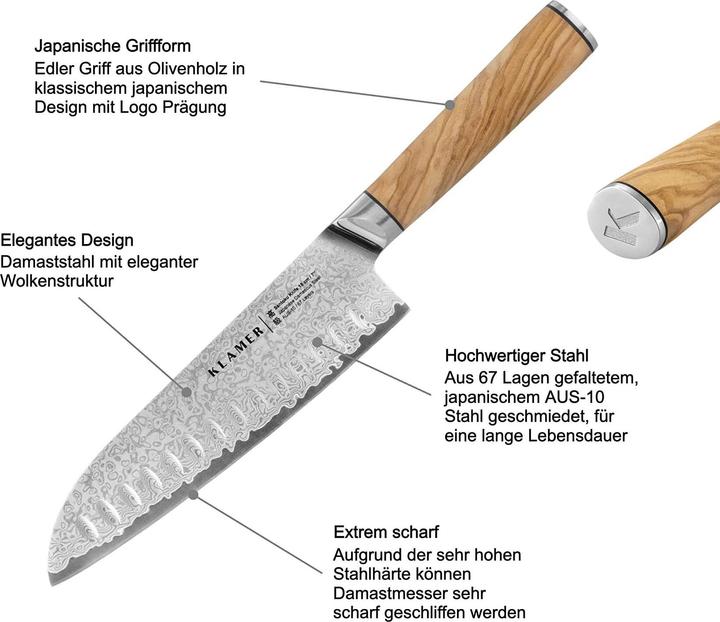 Produktbild KLAMER Santoku Damastmesser Olive 18 cm Kochmesser (18 cm)
