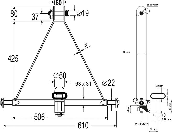 Actual product image Wiltec Tractor rail 610mm three-point hitch drawbar ball head anti-twist