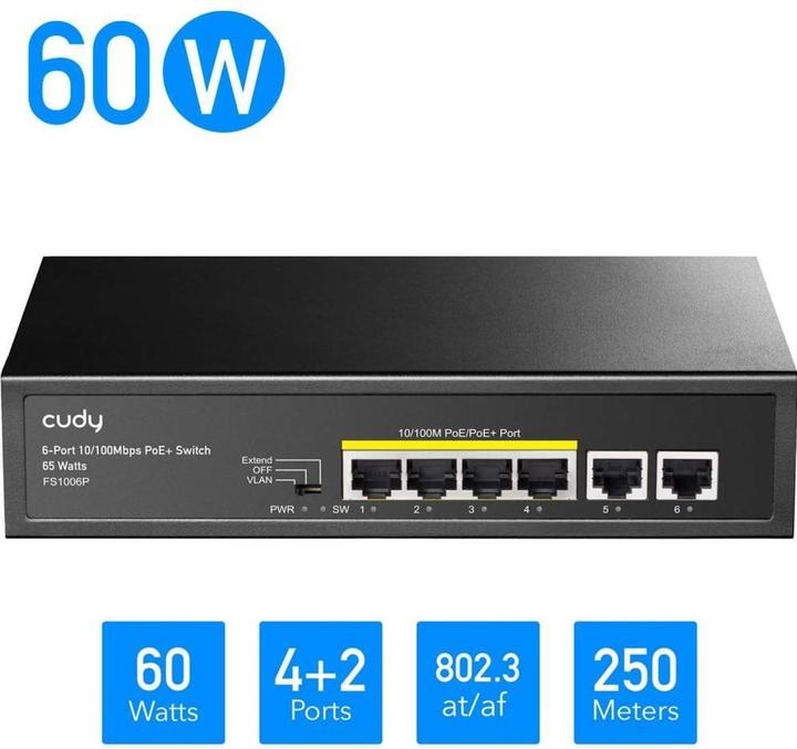 Produktbild Cudy FS1006P network switch Fast Ethernet (10/100) Power over Ethernet (PoE) Black (6 Ports)