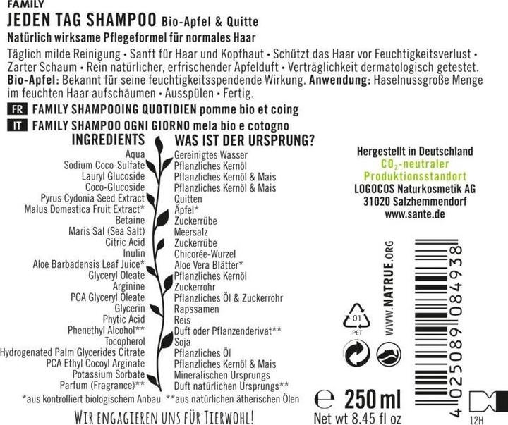 Produktbild Sante Jeden Tag Shampoo Bio Apfel & Quitte (250 ml, Flüssiges Shampoo)