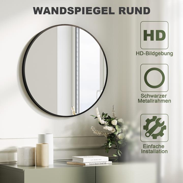SONNI runder Wandspiegel, 40 cm, schwarzer Aluminiumrahmen, Wandmontage, hochauflösender Glas-Kosmet
