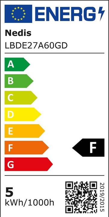 Label énergétique Nedis LBDE27A60GD Lampe LED à filament E27 A60 4.9 W 470 lm 2100 K extra blanc chaud Nombre de lampes en (E27, 4.90 W, 470 lm, 1 x, F)