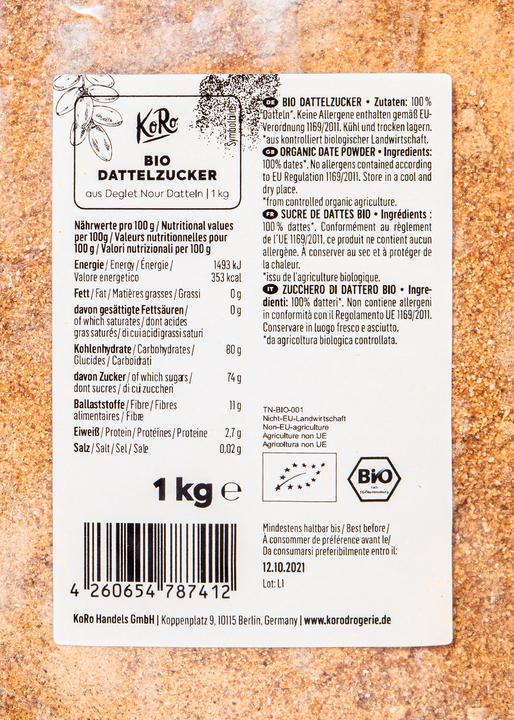 Valeurs nutritives et ingrédients KoRo Sucre de dattes bio obtenu à partir de dattes Deglet Nour séchées et broyées (1000 g)
