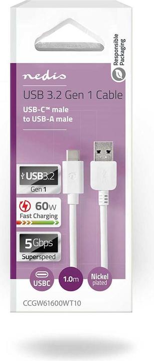 Produktbild Nedis USB-Kabel | USB 3.2 Gen 1 | USB-A Stecker | USB-C™ Stecker | 5 Gbps | Vernickelt | 1.00 m | Ru (1 m, USB 3.2 Gen 1, 60 W)
