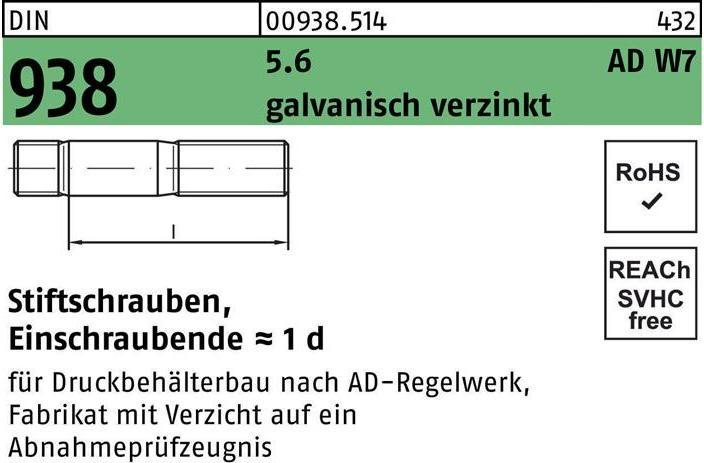 Actual product image Stud bolt DIN 938 M 12 x 50 5.6 galvanised (50 Screws per piece)