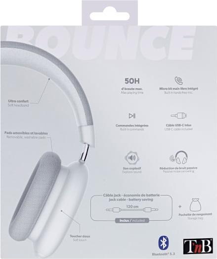 Image du produit T'nB Casque Micro Bluetooth Bounce (Blanc) (ANC, 50 h, Filaire)