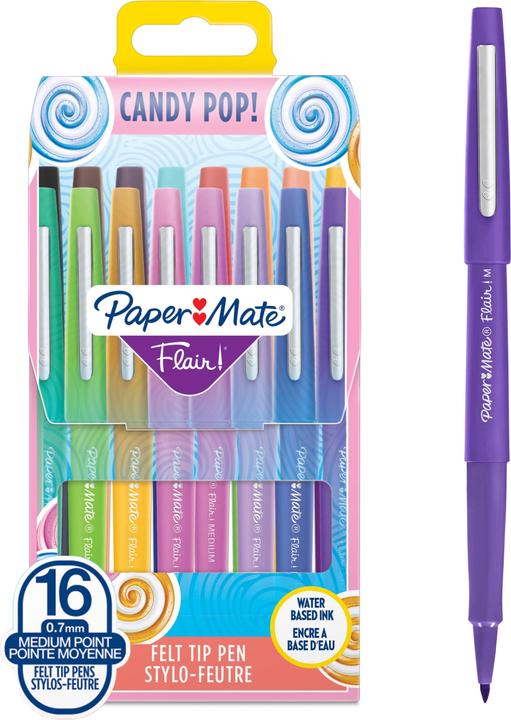 Produktbild Paper Mate Flair Candy Pop (Flieder, Salted Caramel, traube, Orange, Himbeere, Ringelblume, Blueberry Bubblegum, Hellgrün, Braun, 16 x)