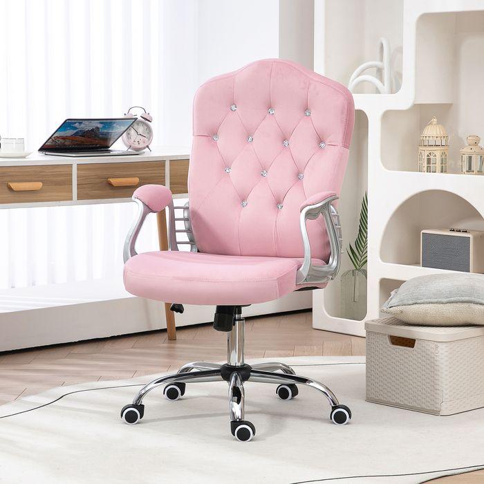 Actual product image Swisshandel24 Office chair with rocking function, ergonomic, with crystal buttons, velvet look, up to 120kg, pink