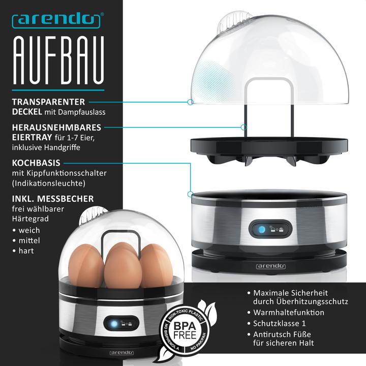 Produktbild Arendo Frühstücks Set, Wasserkocher 1,5l Temperaturwahl, 4-Scheiben Toaster & Eierkocher für 7 Eier, Silber
