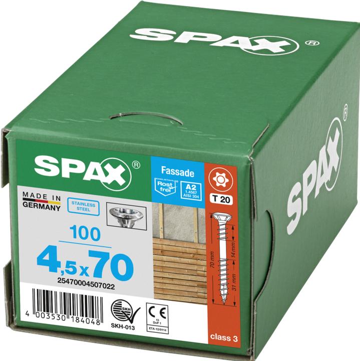 Produktbild Spax Fassadenschraube 4,5 x 70 mm 100 Stk. Edelstahl A2 ( 25470004507022 ) Fixiergewinde Mini Linse (100 Schrauben pro Stück)