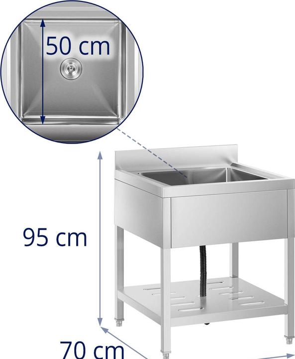 Produktbild Royal Catering Spültisch Spülbecken Edelstahlspüle Gastrospüle mit Regal Edelstahl 50x50x25,5cm (Einbauspüle, 25.50 cm, 70 cm)