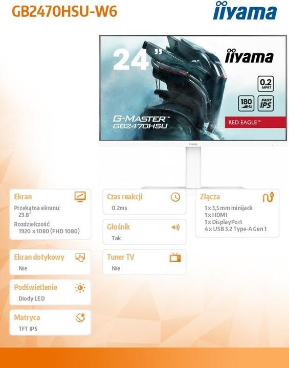 Produktbild iiyama TFT 23,8/60,5cm G-Master GB2470HSU Red Eagle *weiss* 16:9 (1920 x 1080 Pixel, 23.80")