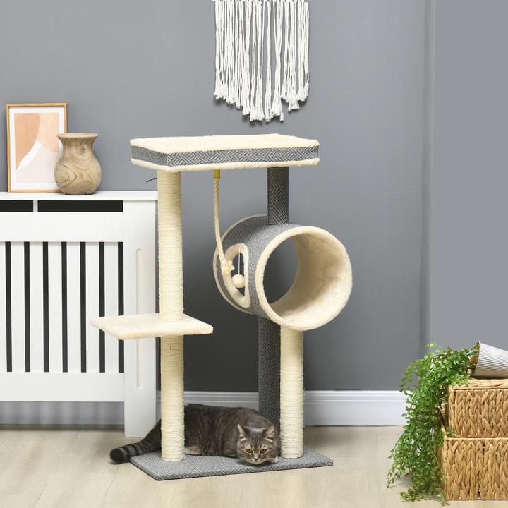 Actual product image PawHut Scratching post with cat bowl and play ball (104 cm, Beige, Cream, Cream white, Grey)