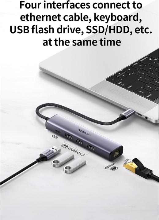 Produktbild Ugreen Gigabit Ethernet Adapter Hub mit USB PD (USB-C, 4 Ports)