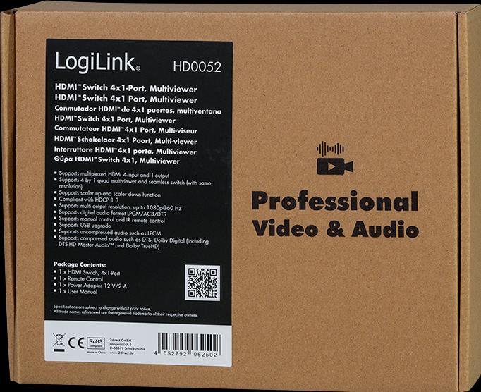 Produktbild LogiLink HDMI-Switch 4x1-Port, Multiviewer, 1080p/60 Hz, Scaler, Seamless, RC