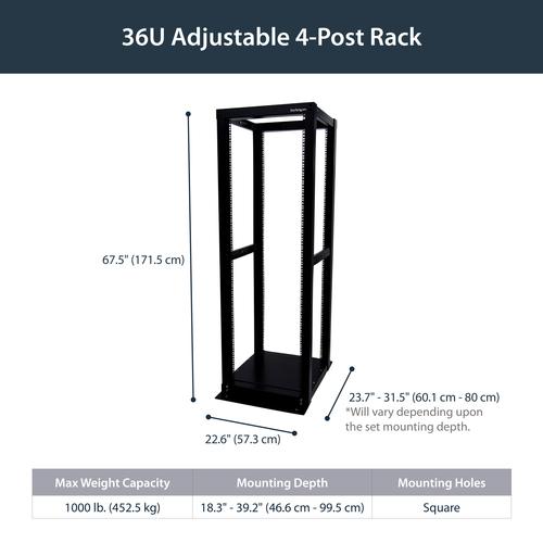 Produktbild StarTech 36HE verstellbares 4 Pfosten Open Frame Rack / Schrank (36 HE, 19 Zoll Rack)