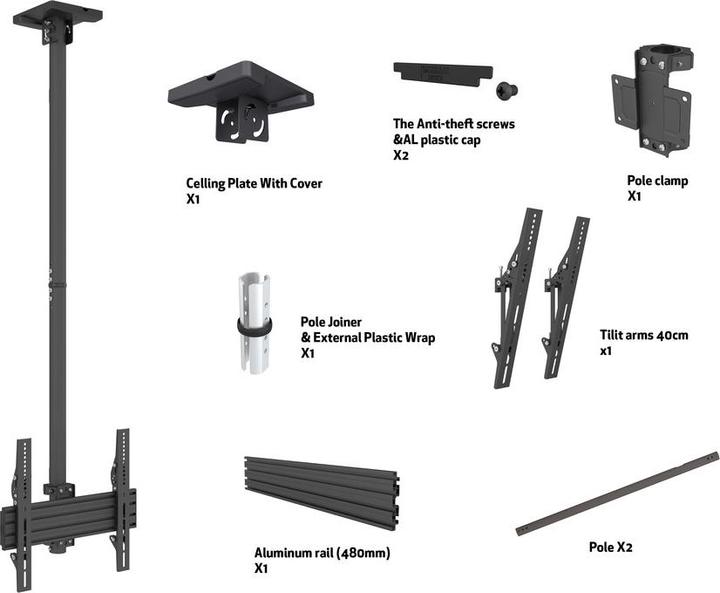 Image du produit Multibrackets Support plafond 1x, 32"-65", noir, VESA 100x