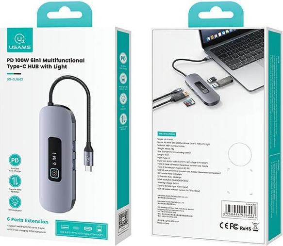Produktbild Usams US-SJ642 PD100W 6in1 Multifunctional Type-C HUB with Light(Type-C To HDMI+USB3.0*2+TF+SD+PD100W ) (6 Ports)