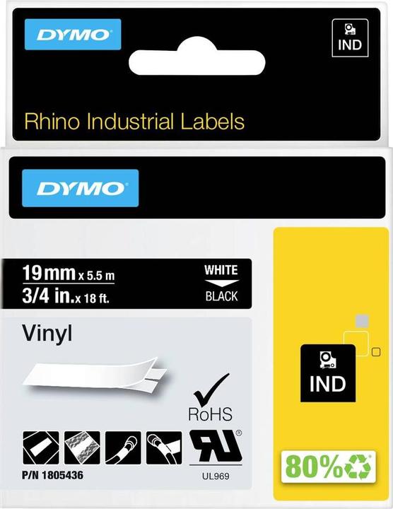 Actual product image Dymo Rhino 19mm white on black vinyl (1.90 cm, Black)