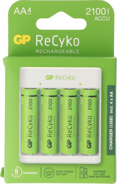 GP Batteries USB-Modell Ladegerät GP E411 inkl. 4x ReCyko 1,2V AA Mignon 2100 mAh Akkus (4 pcs., 2100 mAh, Battery + charger)