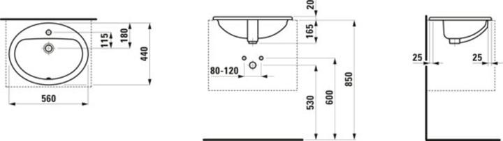 Produktbild Laufen Einbauwaschtisch PRO B 560x440mm mit Überlauf und Hahnloch weiss (440 mm, 560 mm)