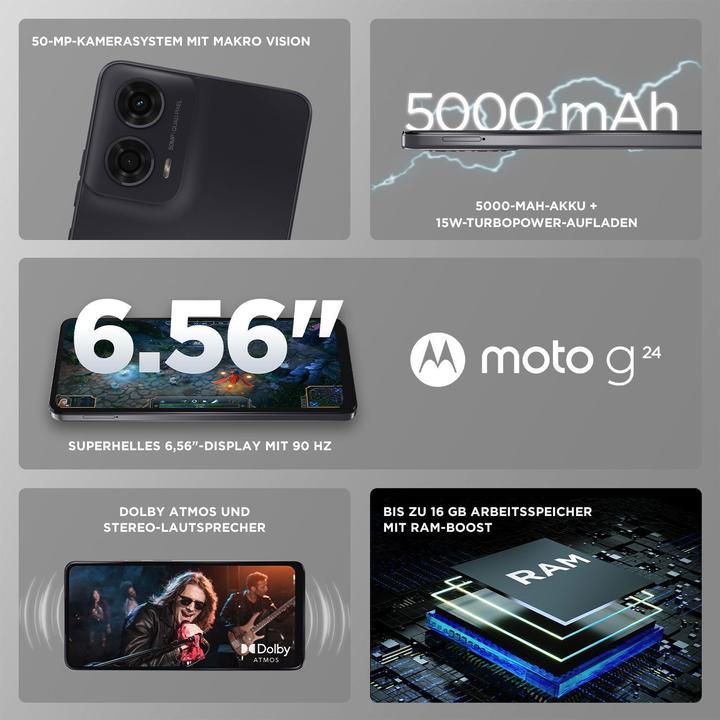 Actual product image Motorola moto g24 (128 GB, Charcoal Mat, 6.56", Dual SIM, 50 Mpx, 4G)