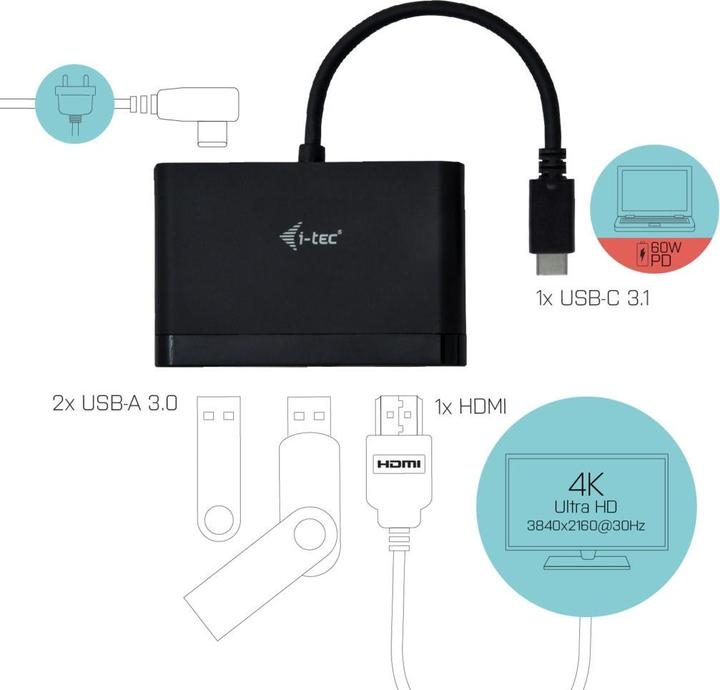 Produktbild i-tec USB C HDMI Travel Adapter PD/Data (USB-C, 4 Ports)