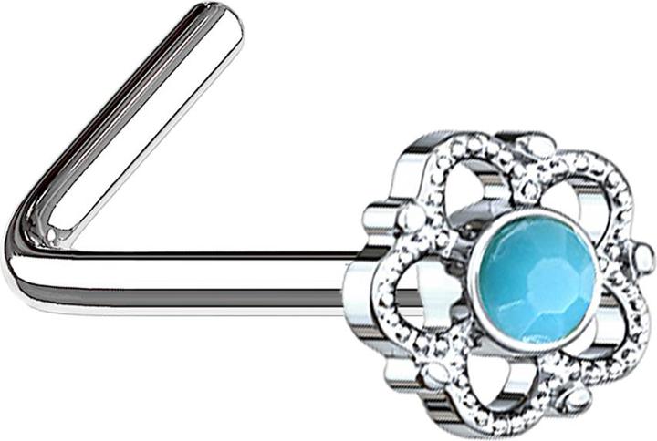 Star Piercing Nasenstecker gewinkelt silber Blume mit türkis Stein (Chirurgenstahl 316L, Messing, Mineralisch)