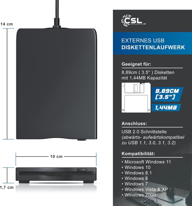 Image du produit CSL Lecteur de disquette externe, Slimline USB Floppy Disk Drive Externe, FDD 1,44MB 3,5 pouces, pour (lecteur de disquettes)