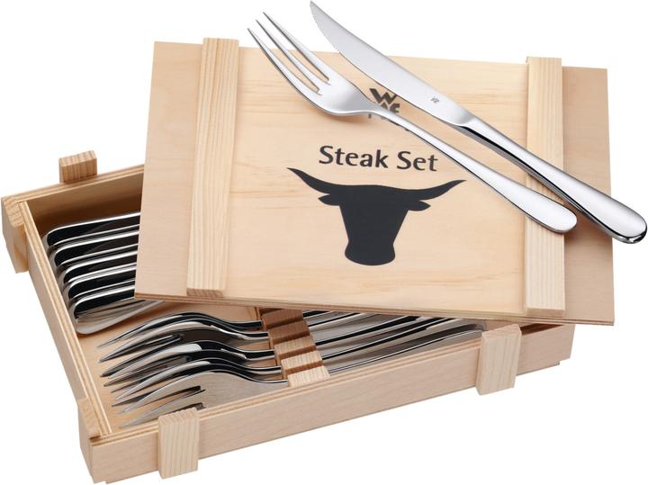Productafbeelding WMF Steak Bestek Set Steakmessen 6 Personen 12st Speciaal Lemmet Staal Eikenhout Houten Doos (12 Stuk, Bestekset)