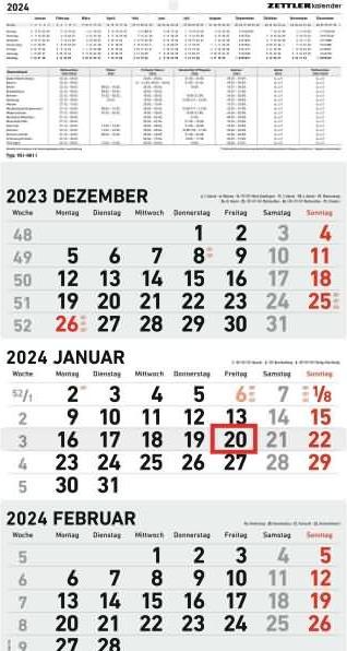 Produktbild 3-Monatskalender 2024 - 23,7x44,8 schwarz/rot - mit Motiv - Datumsschieber - 951-0011 (Deutsch)