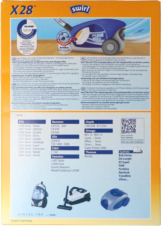 Actual product image Swirl Staubsaugerbeutel X28 MicroPor Plus für ETA, Fakir und Omega