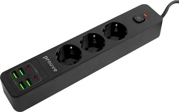 Produktbild Proove Power Strip 2m 3000W Power Socket P-03 (3xAC + 4xUSB + 2xType-C) black (9 x, USB-C, USB-A, 2 m)