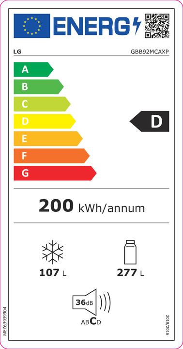 Energy Label LG Refrigerator with freezer GBB92MCAXP WxHxD 59,5x203x68,2 cm Total usable capacity 384 l (384 l)