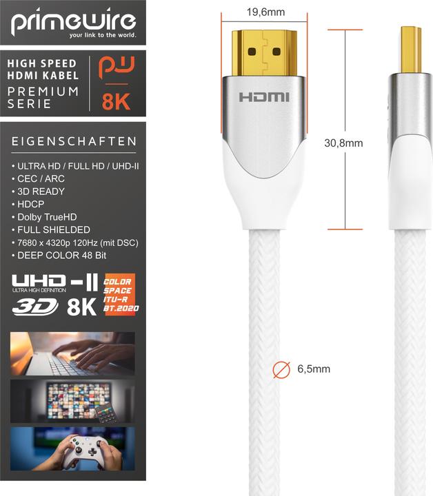 Actual product image Primewire HDMI Cable 2.1, Type A, 8K, Premium, Nylon Jacket, 7680 x 4320 @ 120 Hz - 4k@ 240 Hz with DSC (0.50 m, HDMI)