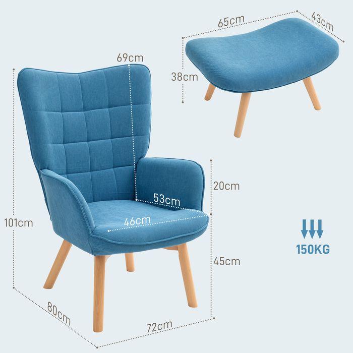 Produktbild Swisshandel24 Sessel mit Hocker, Ohrensessel mit Hoher Rückenlehne, Holzbeine, Cord, Blau