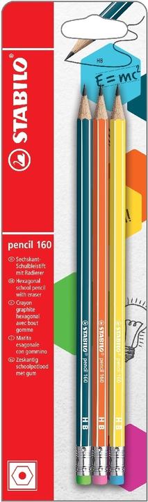 STABILO Matita con gomma - Matita 160 nei colori petrolio, arancione, giallo - confezione da 3 - (2.20 mm, HB, 3 x)