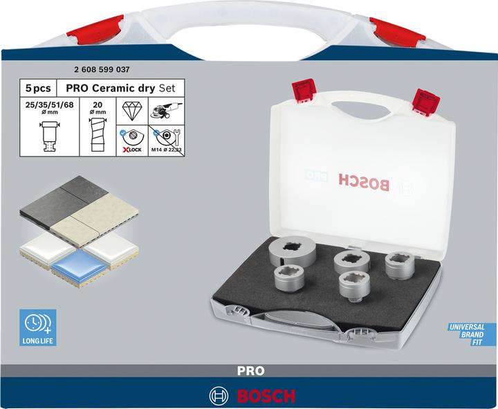 Produktbild Bosch Professional Zubehör PRO Ceramic dry X-Lock Bohrkronen-Set, 68 x 33, 51 x 33, 35 x 33, 25 x 33, 20 x 33 mm, 5-tlg. (68 mm, 20 mm, 35 mm, 51 mm, 25 mm)