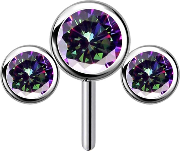 Star Piercing Threadless silber front drei Kristalle dunkel multicolor (Titan G23, ohne Messing)