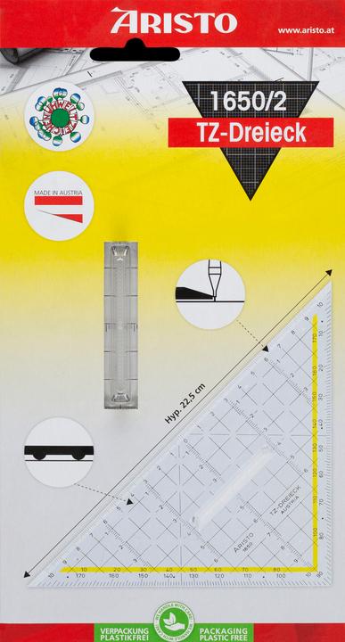 Produktbild Aristo TZ-Dreieck 22.5 cm, mit Griff, Facette an Hypotenuse, Tuschenoppen (225 mm)