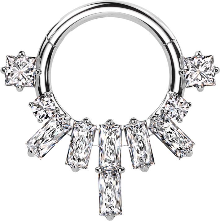 Actual product image Star Piercing Micro segment ring hinged silver princess crystals with two round and square crystals (without brass, Surgical steel 316L)