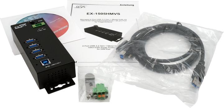 Produktbild Exsys GmbH Managed 4-Port USB 3.2 Gen 1 Metall HUB mit 15KV ESD Überspannungsschutz, A-Buchsen, unterstütz (USB-B, 4 Ports)